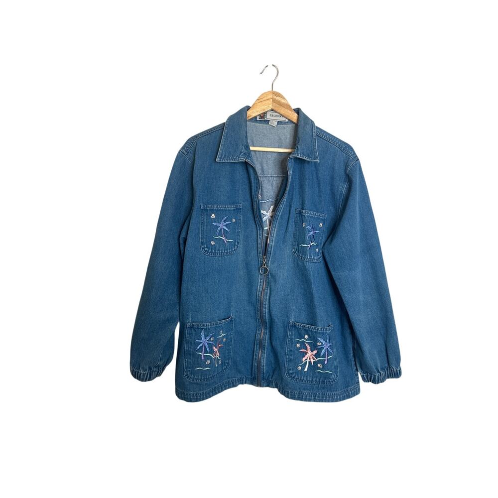 Vintage Passion-I Embroidered Denim Jacket w/ Palm Tree Motifs Size L